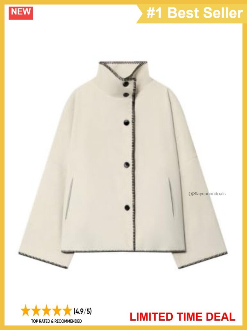 Cropped Wool Blend Pea Coat Oversized Stand Collar Crop Jacket